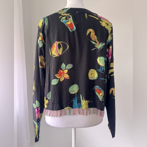 Vintage ‘90s Paradiso Tropical Print Beaded Fringe Hem Button Down Blouse - Picture 6 of 9